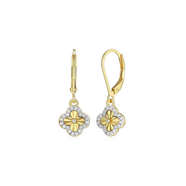 Sunray Clover Leverback Drop Earrings Sterling Silver Gold Plated Lab Grown Diamond .21CTW Diamond Cut Swede's Jewelers East Windsor, CT