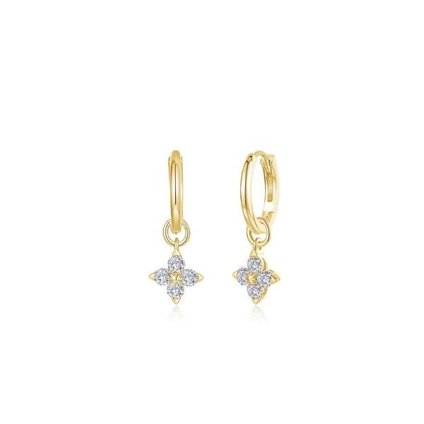 40 CTW simulated diamond dangle flower shaped earrings, gold plated sterling silver Swede's Jewelers East Windsor, CT