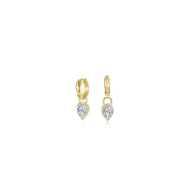 2.66 CTW Simulated Diamond Hoops, Pear bezel set, charm detachable, gold plated sterling silver, 2 stones Swede's Jewelers East Windsor, CT