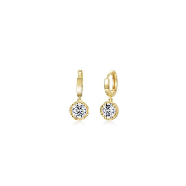 2.06 CTW Simulated Diamond pear shape bezel set earrings, huggie hoops, gold plated sterling silver, 2 stones Swede's Jewelers East Windsor, CT