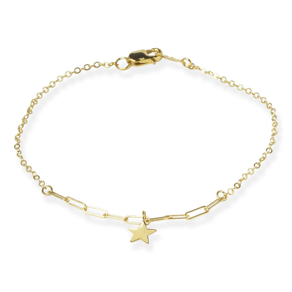 14Kt Yellow Gold Small Star Cable / Paperclip Link Bracelet 7