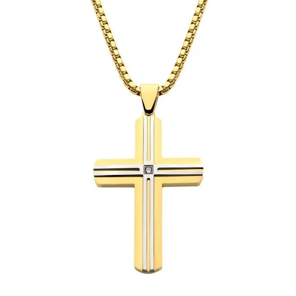 Inox Men's Stainless Steel 18Kt Gold IP Cross with CZ on Chain Swede's Jewelers East Windsor, CT