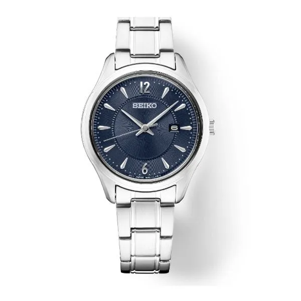 Seiko Women's White Tone Watch Blue Dial with Calendar Swede's Jewelers East Windsor, CT