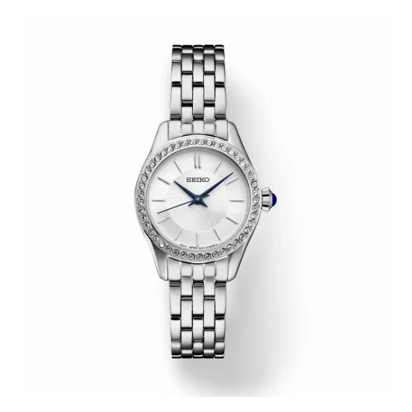 Seiko Women's Stainless Steal Watch with White Dial and Blue hands/Crown Swede's Jewelers East Windsor, CT