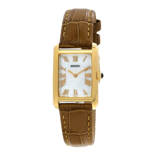 Seiko Women's Watch Yellow Tone Stainless Steel with Roman Numerals on Tan Genuine Leather Watchband Swede's Jewelers East Windsor, CT