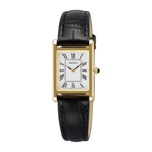 Seiko Yellow Tone Tank Dial with Roman Numeral Watch with Black Leather Band Swede's Jewelers East Windsor, CT