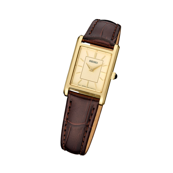 Seiko Women's Yellow Tone Stainless Steel Tank Dial Watch with Brown Leather Strap Swede's Jewelers East Windsor, CT