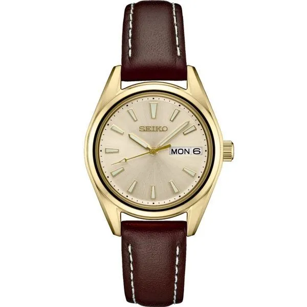 Gold tone Seiko watch, water resistant, sapphire crystal, brown leather strap