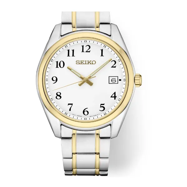 Seiko Men's Two Tone Watch White Dial with Calendar Swede's Jewelers East Windsor, CT