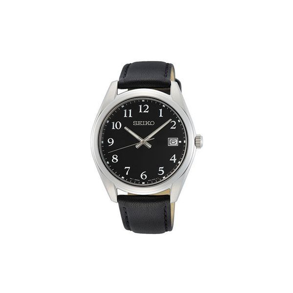 Seiko Men's Black Dial Casual Dress Watch with Black Leather Band Swede's Jewelers East Windsor, CT
