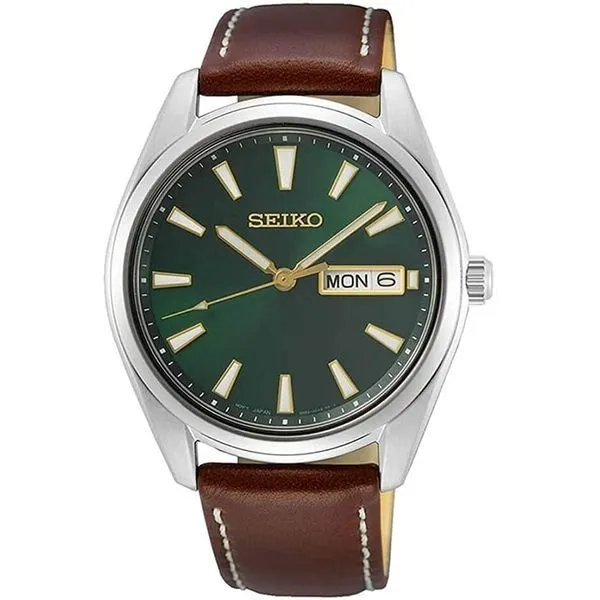 Seiko Men's Dress Watch Green Dial with Brown Genuine Leather Band. Swede's Jewelers East Windsor, CT