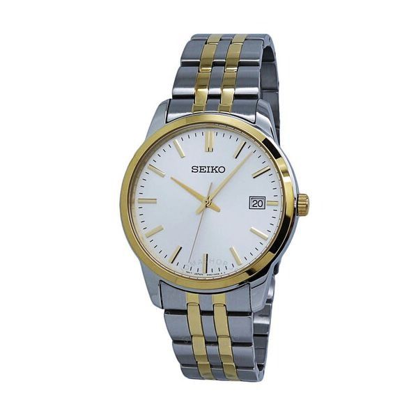 Seiko Men's Watch with White Sunray Dial, Date Calendar, Gold Hands And Markers Swede's Jewelers East Windsor, CT