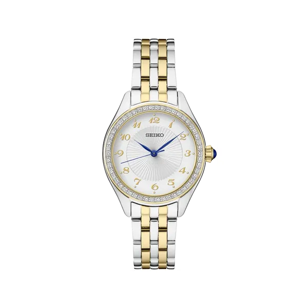 Seiko Stainless Steel Two Tone Quartz White Dial Watch with Crystals Swede's Jewelers East Windsor, CT