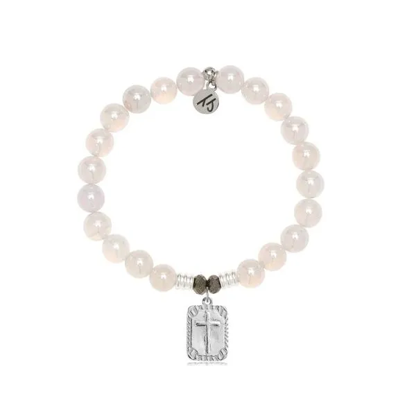 White Agate Stone Bracelet with Cross Rectangle Sterling Silver Charm Swede's Jewelers East Windsor, CT