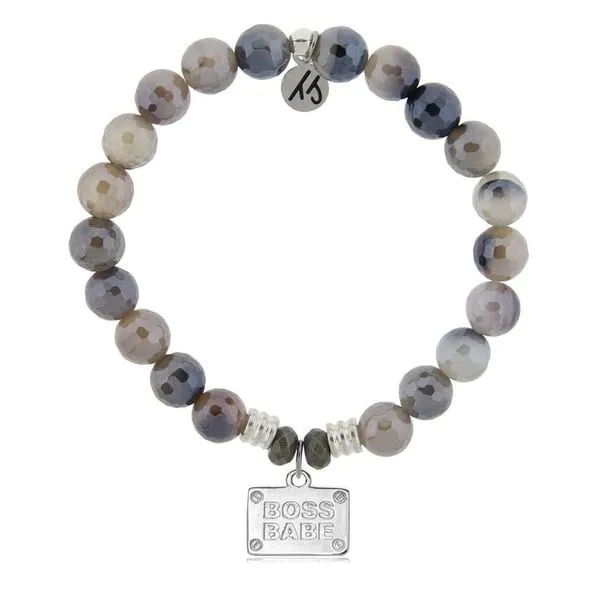 Storm Agate Beaded Bracelet with Sterling Silver Boss Babe Charm Swede's Jewelers East Windsor, CT