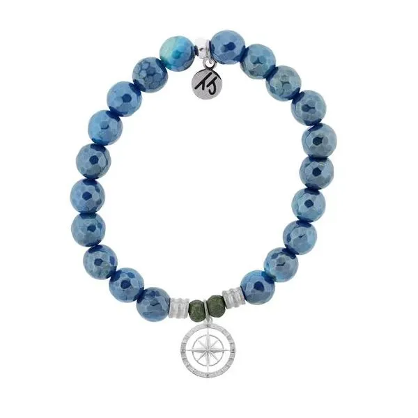 Blue Agate Stone Bracelet with Compass Rose Sterling Silver Charm Swede's Jewelers East Windsor, CT
