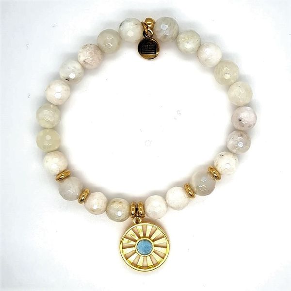 T Jazelle Bracelet Beaded Moonstone with Gold Plated Sterling Silver Larimar Sun Charm Swede's Jewelers East Windsor, CT