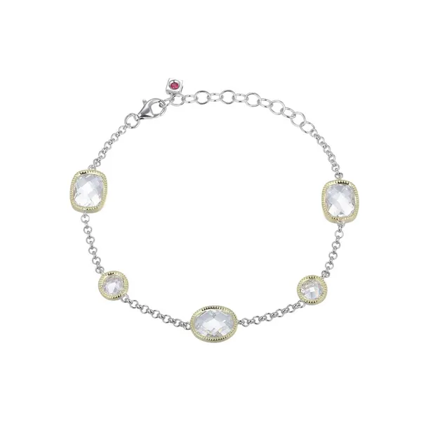 Sterling Silver Rhodium Plated Bracelet with Gold Filled Accents and Cubic Zirconia. 6.5