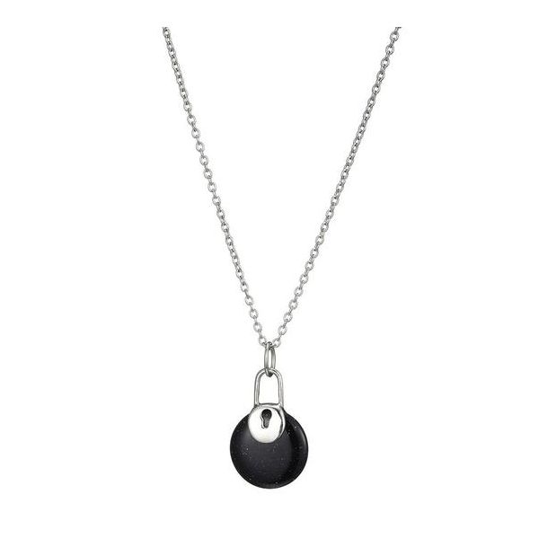 Elle Sterling Silver Lock Necklace with Blue Gold Stone Round Swede's Jewelers East Windsor, CT