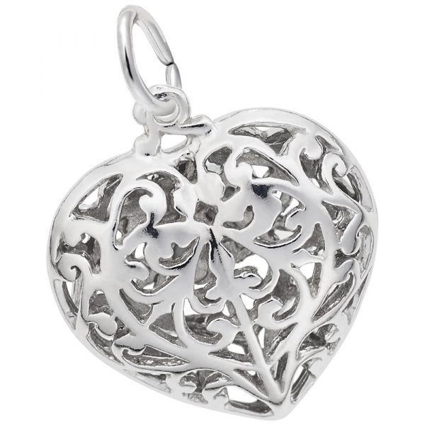 Sterling Silver Puffed Filagree Heart Charm Swede's Jewelers East Windsor, CT