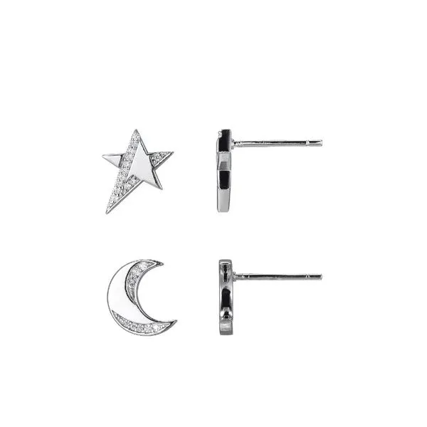 Rhodium Plated Cz Star And Moon Stud Earrings Swede's Jewelers East Windsor, CT