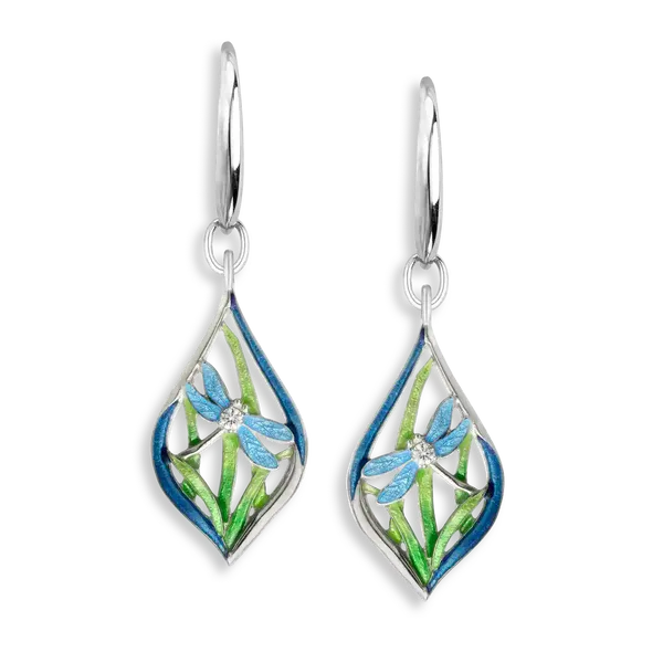 Nicole Barr Blue Enamel Dragonfly Wire Earrings - White Sapphires. Sterling Silver Swede's Jewelers East Windsor, CT