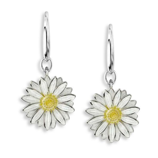 Nicole Barr White Enamel Daisy Wire Earrings Sterling Silver Swede's Jewelers East Windsor, CT