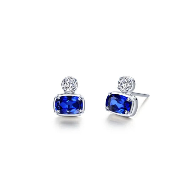 Sterling Silver Platinum Plated, Simulated Diamond & Sapphire Stud Earrings cushion cut, 4 stones, 1.64 CTW Swede's Jewelers East Windsor, CT