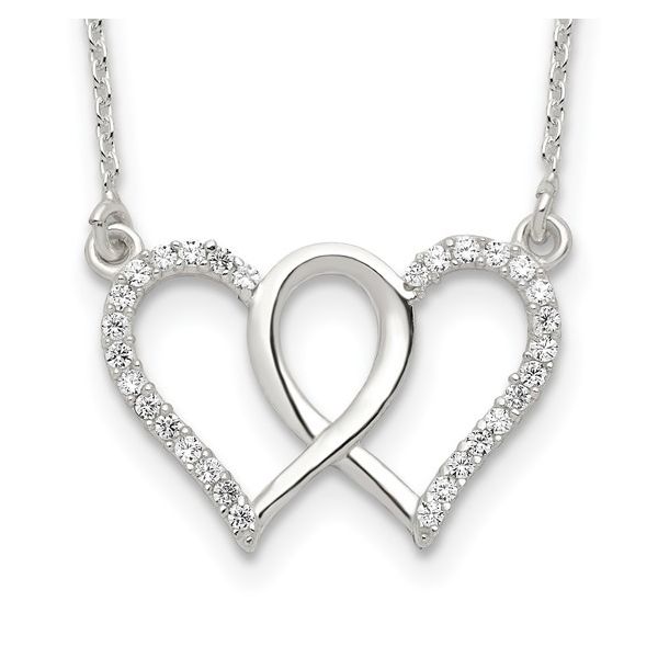 Sterling Silver Interconnected CZ Double Heart Necklace 18