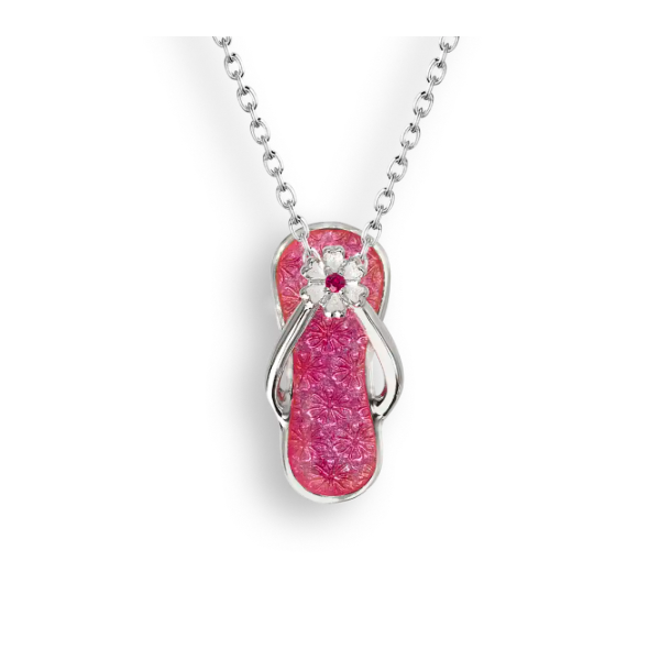 Nicole Barr Pink Enamel Flip-Flop Necklace. Sterling Silver-Ruby Swede's Jewelers East Windsor, CT
