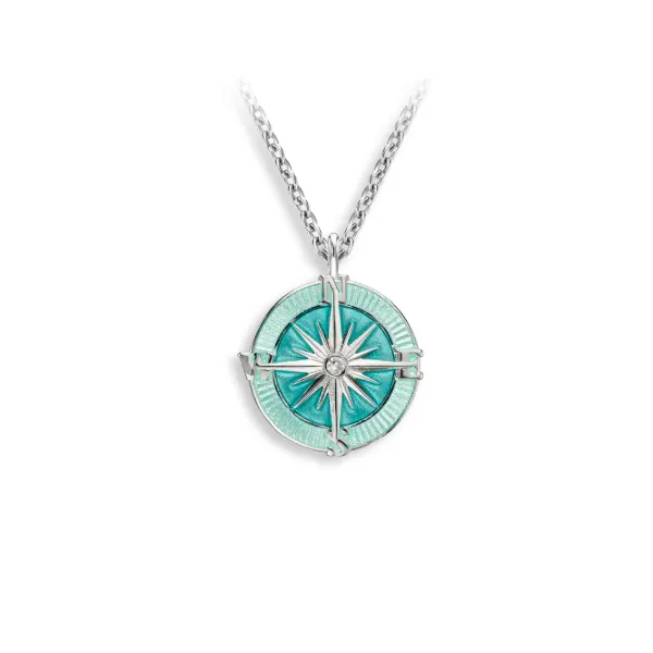 Nicole Barr Sea Green Enamel Compass Rose Necklace. Sterling Silver-White Sapphires Swede's Jewelers East Windsor, CT