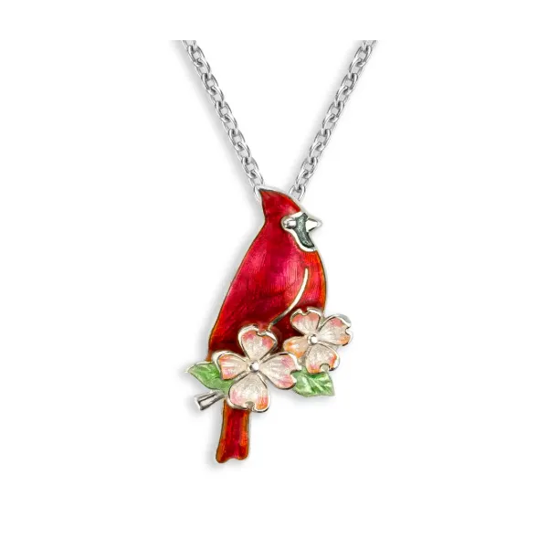 Nicaole Barr Red Enamel Cardinal & Dogwood Necklace. Sterling Silver Swede's Jewelers East Windsor, CT