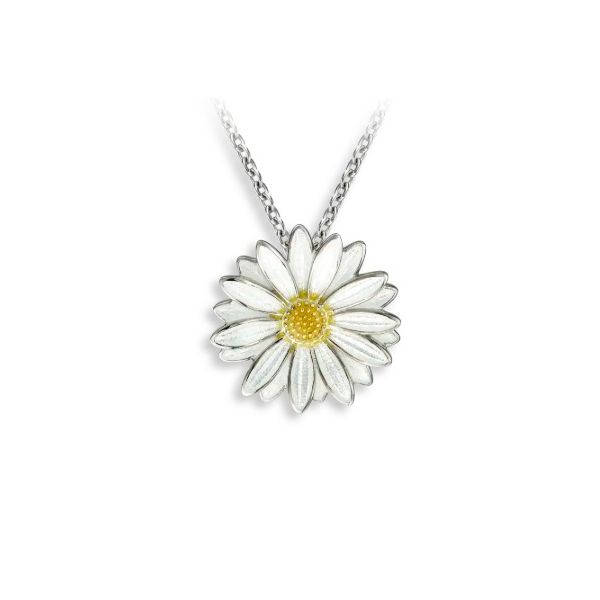 Sterling Silver White & Yellow Enamel Daisy Pendant on 20