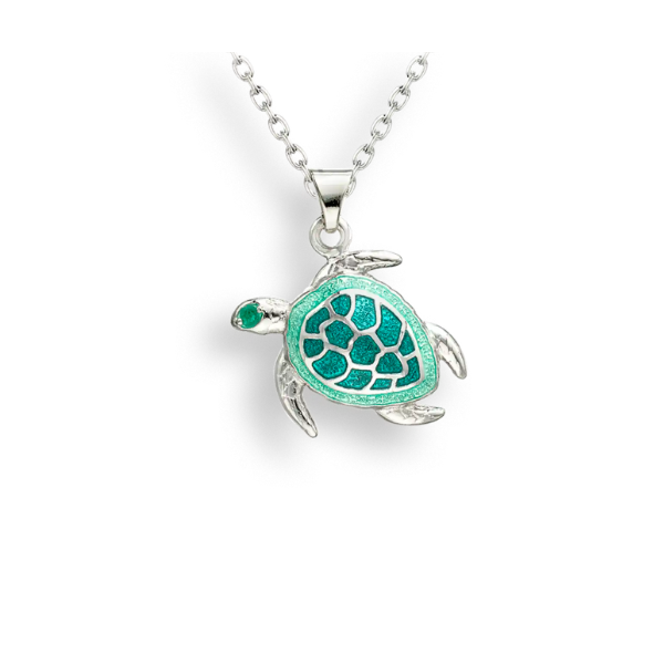 Nicole Barr Green EnamelTurtle Necklace. Sterling Silver on 20