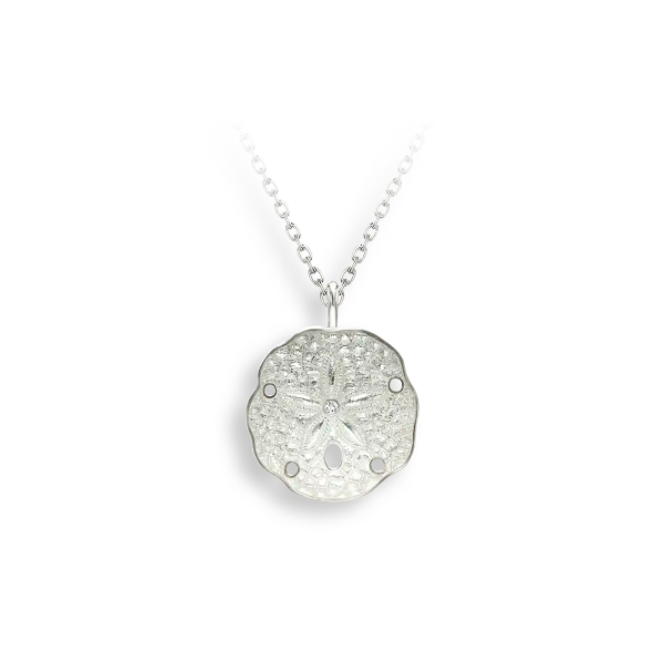 Nicole Barr White Enamel Sand Dollar Necklace. Sterling Silver-White Sapphire Swede's Jewelers East Windsor, CT