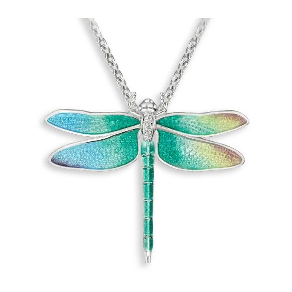 Nicole Barr 30mm Rainbow Enamel Dragonfly Necklace. Sterfling Silver-White Sapphires on 20