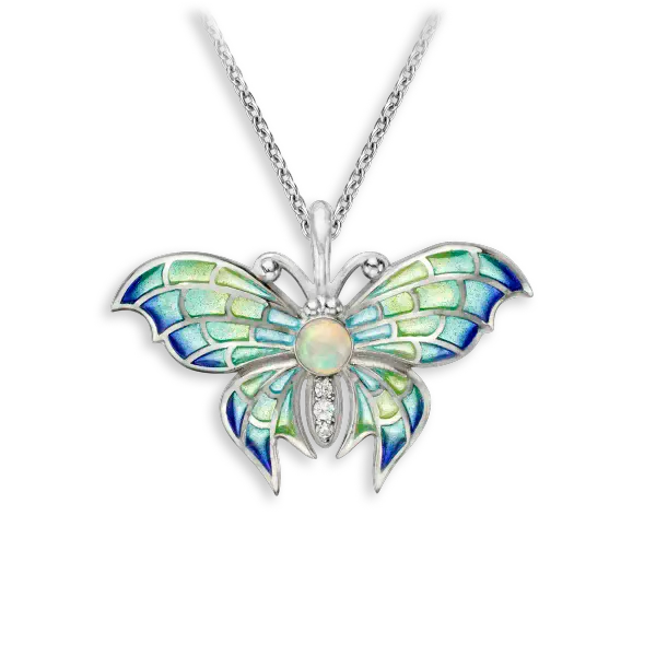 Nicole Barr Green Plique-a-Jour Enamel Butterfly Pendant with Opal Necklace. Sterling Silver Adjust Chain 20