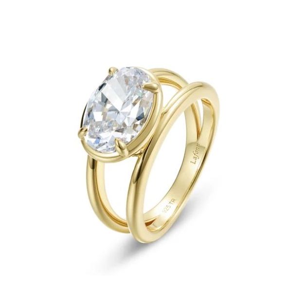 2.88 CTW gold plated sterling silver simulated diamond ring, floating oval, bezel split-shank size 7 Swede's Jewelers East Windsor, CT