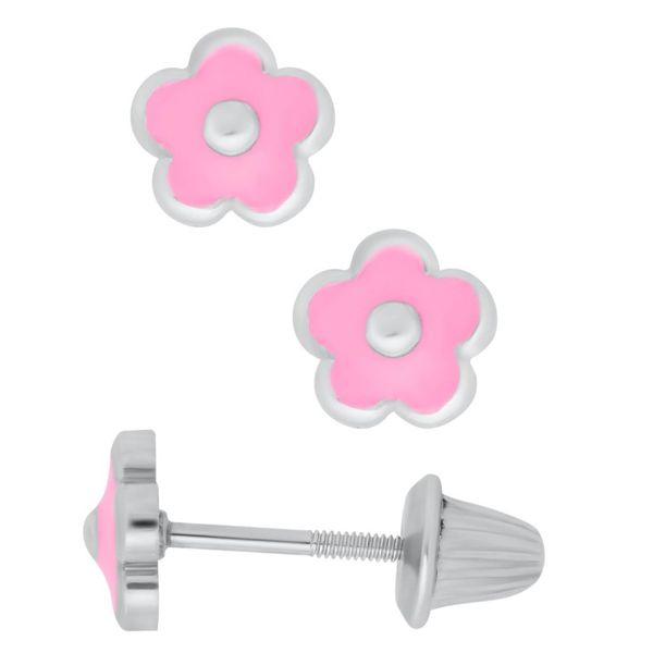 Kiddie Kraft Children's Sterling Silver Pink Enamel Flower Stud Earrings Swede's Jewelers East Windsor, CT