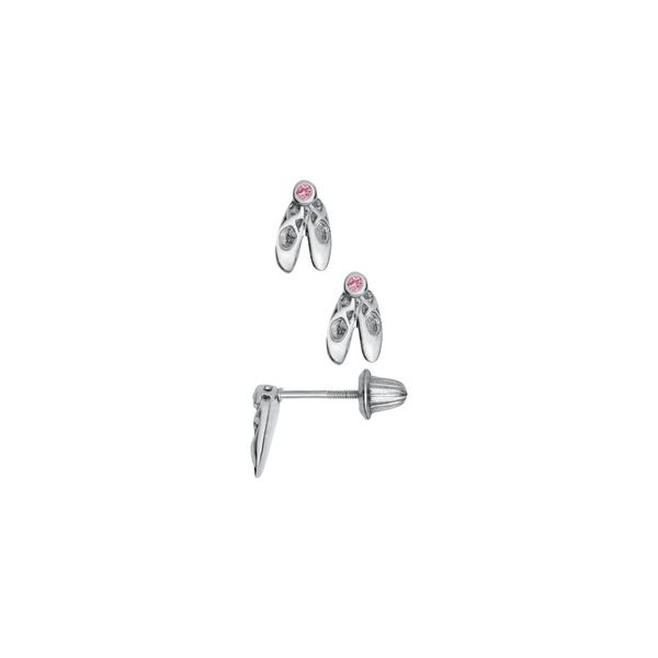 Kiddie Kraft Sterling Silver Ballet Earrings with Pink Cubic Zirconia, Safety-Back Studs Swede's Jewelers East Windsor, CT