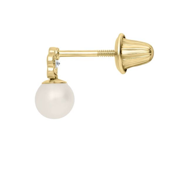Children's 14k Yellow Gold Flower with Cubic Zirconia Center and Drop Pearl Safety Back Earrings Image 2 Swede's Jewelers East Windsor, CT