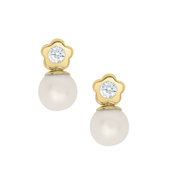 Children's 14k Yellow Gold Flower with Cubic Zirconia Center and Drop Pearl Safety Back Earrings Swede's Jewelers East Windsor, CT