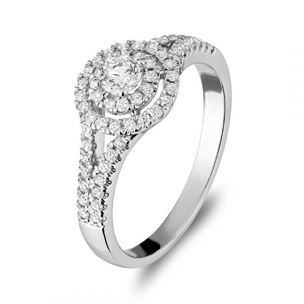 DIAMOND ENGAGEMENT RING WITH DOUBLE HALO IN 14KT WHITE GOLD Taylors Jewellers Alliston, ON