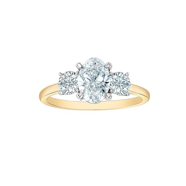 14KT YELLOW/WHITE GOLD LAB GROWN DIAMOND RING , 3 ACROSS STONES ,  1 OVAL=1.00 CT  2 LGD ROUND  =0.50 CT size 6.5  TOTAL WEIGHT  Taylors Jewellers Alliston, ON