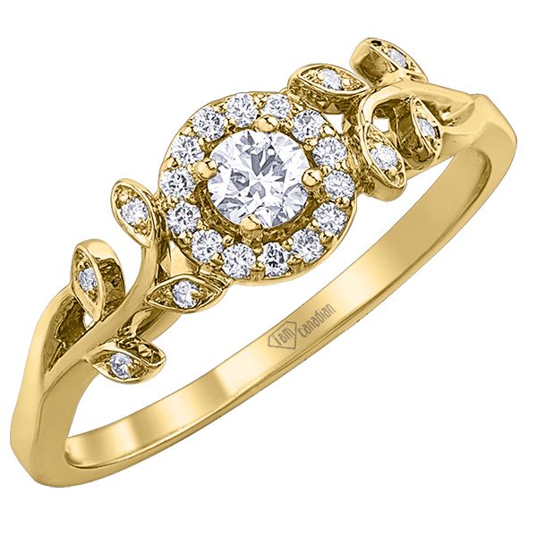 10KT YELLOW GOLD DIAMOND ENGAGEMENT RING WITH 1 CDN ROUND =0.14 WITH HALO  0.25 TDW Taylors Jewellers Alliston, ON
