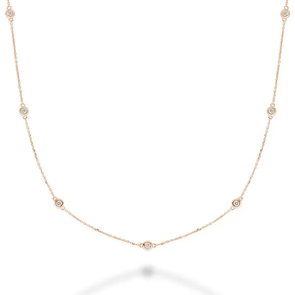 1 LADIES 14KT YELLOW GOLD BEZEL SET STATIONED DIAMOND NECKLACE , 9DIA=0.49CTW  ADJUSTABLE TO 20