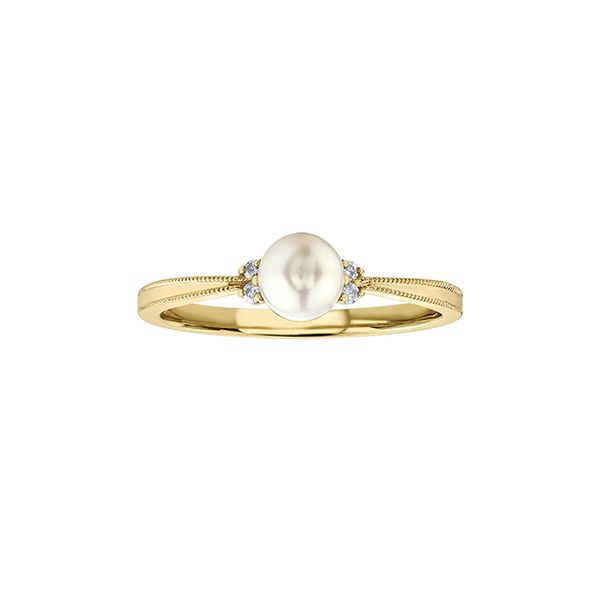 10KY YELLOW GOLD BIRTHSTONE RING WITH PEARL 5 MM WITH 4 DIA=0.03CT  SIZE 6.5 Taylors Jewellers Alliston, ON