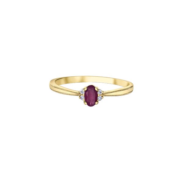 10KY YELLOW GOLD BIRTHSTONE RING WITH RUBY 5X3 MM WITH 4 DIA=0.03CT SIZE 6.5 Taylors Jewellers Alliston, ON