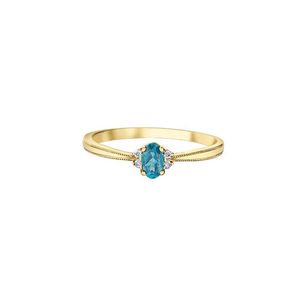 10KY YELLOW GOLD BIRTHSTONE RING WITH BLUE TOPAZ 5X3 MM WITH 4 DIA=0.03CT  SIZE 6.5 Taylors Jewellers Alliston, ON