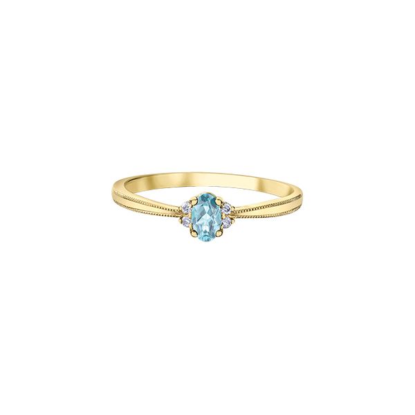 10KY YELLOW GOLD BIRTHSTONE RING WITH AQUAMARINE  5X3 MM WITH 4 DIA=0.03CT  SIZE 6.5 Taylors Jewellers Alliston, ON